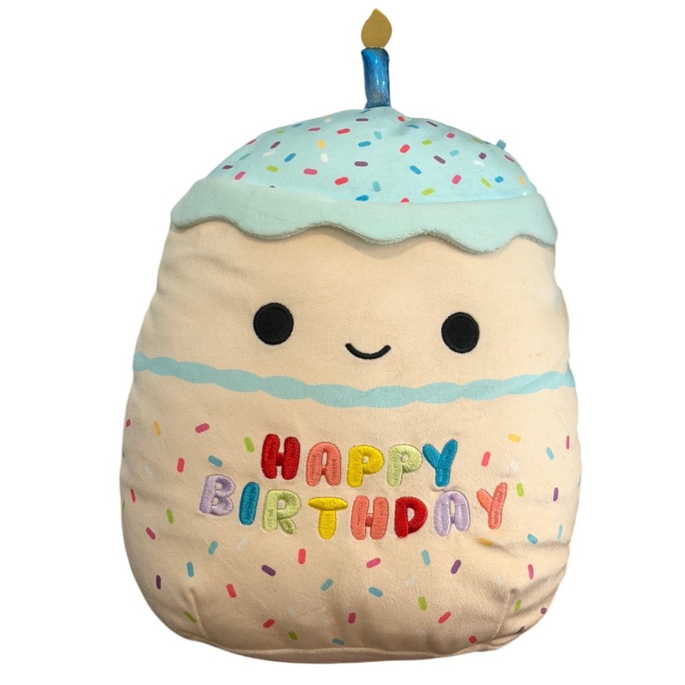 Squishmallows Kiks Birthday Cake Plush 10" Stuffed Toy Cream Blue Candle